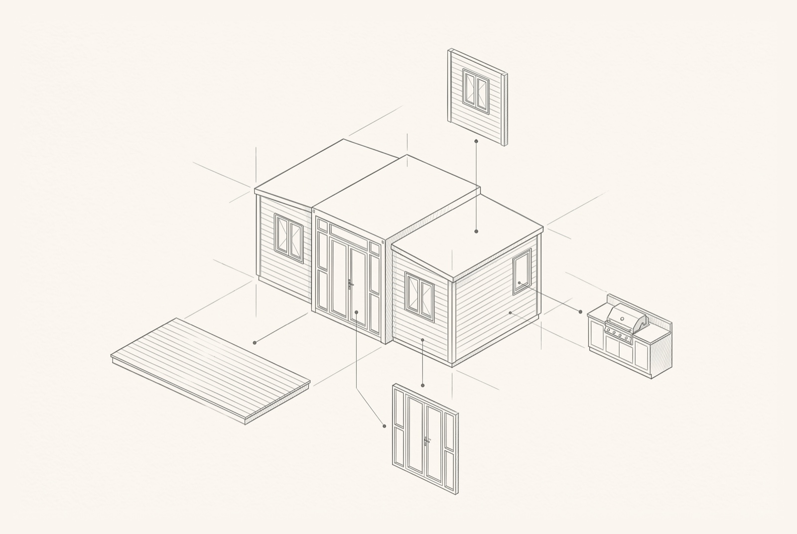 Dessin d'architecte : la maison et ses options en vue éclatée — terrasse, cuisine, ouvertures