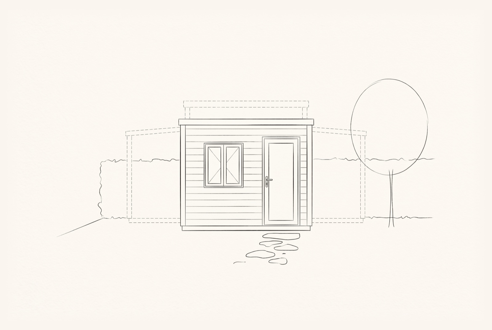 Dessin d'architecte : le studio de jardin, sa future extension en pointillés