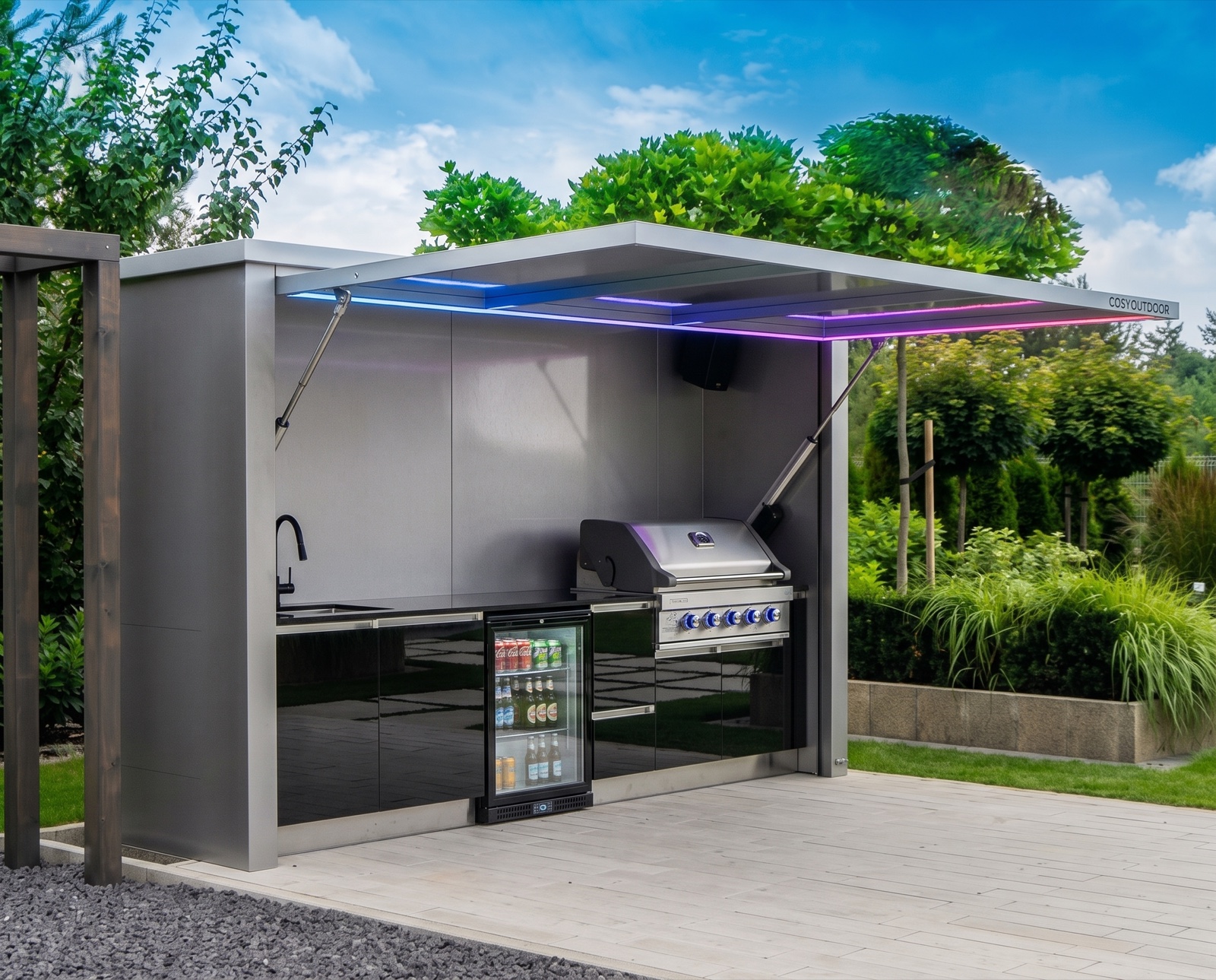 Cuisine d'été Mini : bloc compact avec évier, barbecue gaz et réfrigérateur 68 L