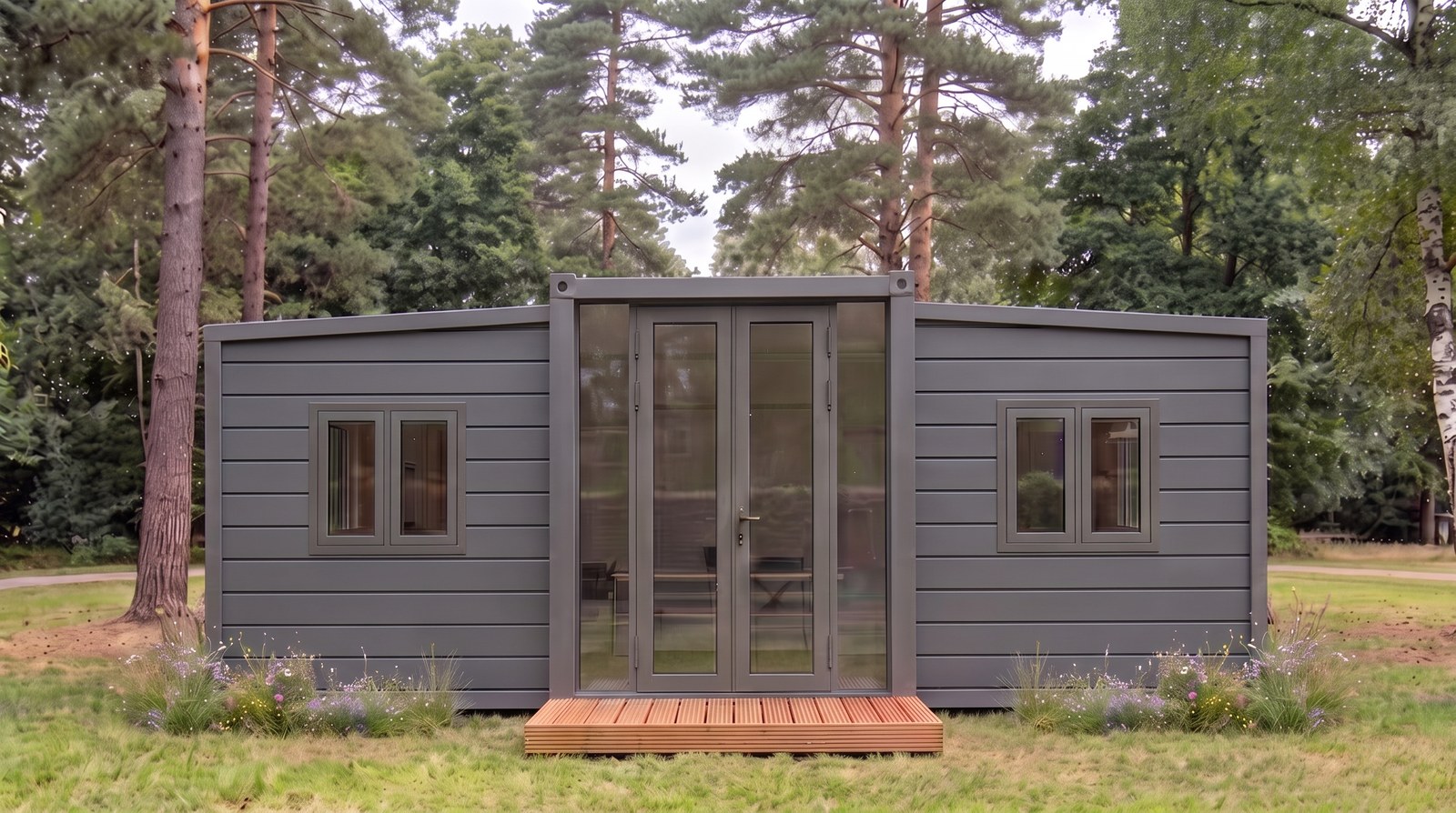 La même maison, même clairière, en bardage M8 Anthracite lisse