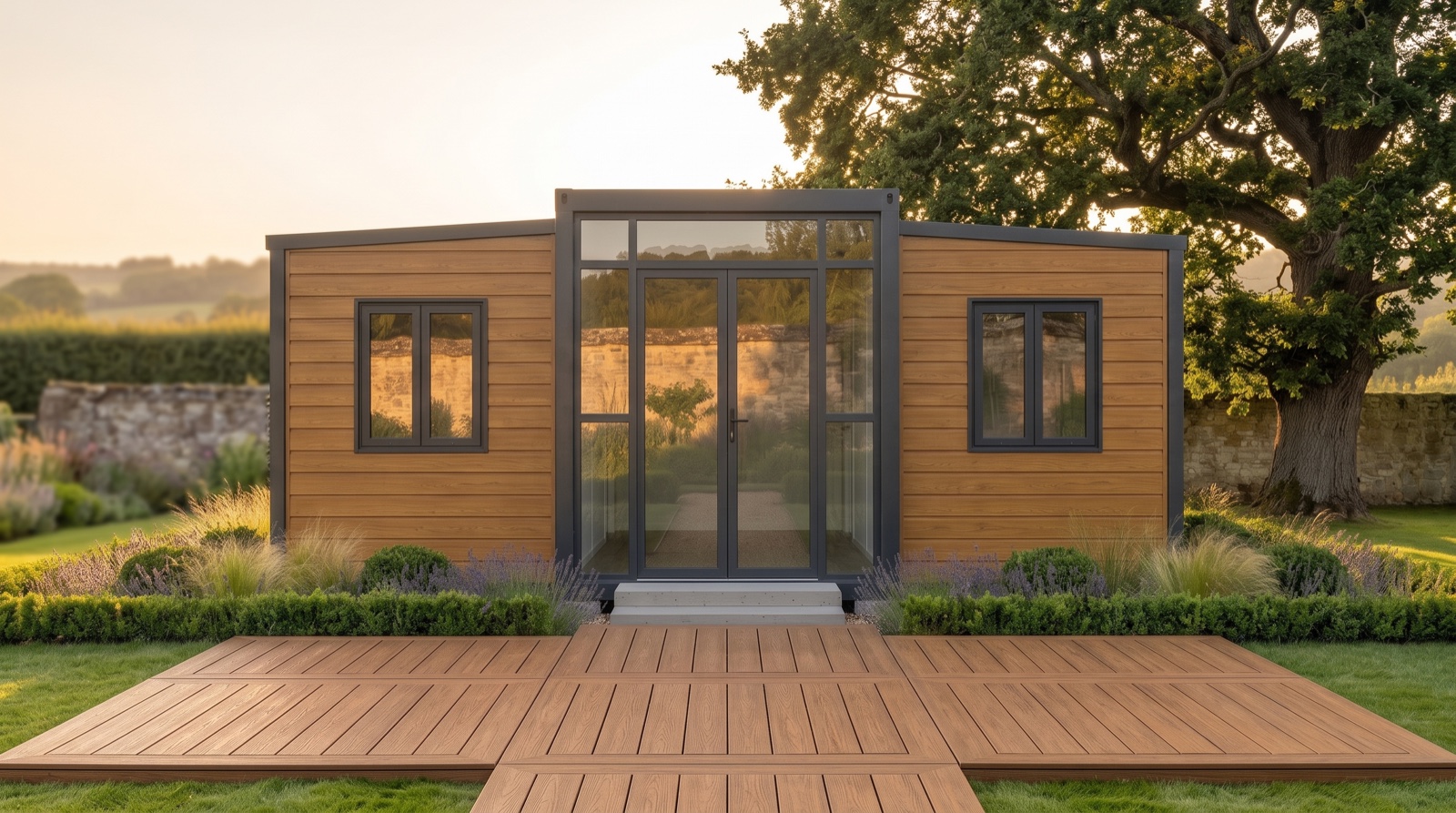 Terrasse Confort : lames à veinage bois chêne rouge, toucher naturel, posées au sol