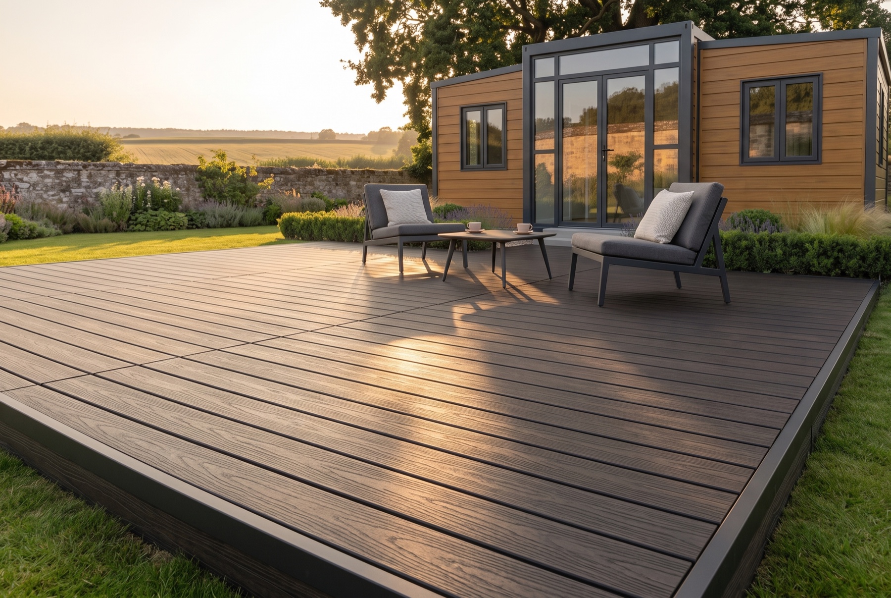 Terrasse en platelage bois posée devant la maison modulaire, dans la prairie